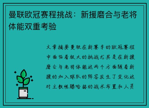曼联欧冠赛程挑战：新援磨合与老将体能双重考验